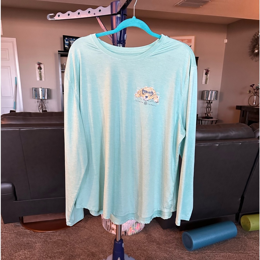 Lauren James light green long sleeve golden retriever on back of shirt. XXL